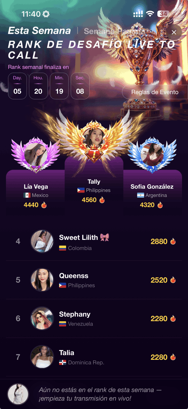 Evento: desafio live to call rank semanal- topchat live team español oficial