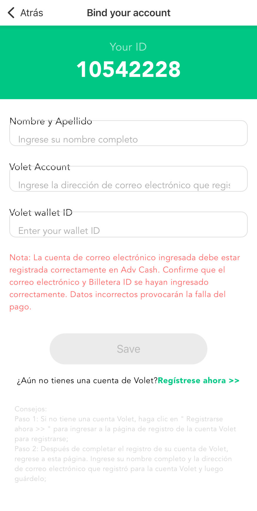 Vincula los datos volet al topchat live center para cobrar usdt